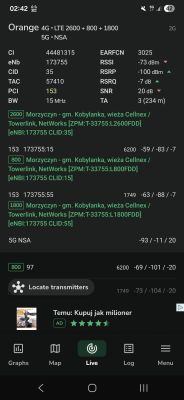 Zrzut ekranu z aplikacji pokazujący szczegóły połączenia LTE i 5G z wieżą Cellnex w Morzyczynie