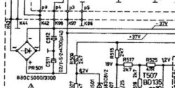 Fragment schematu zasilacza: mostek prostowniczy, kondensatory i linie zasilania ±37 V