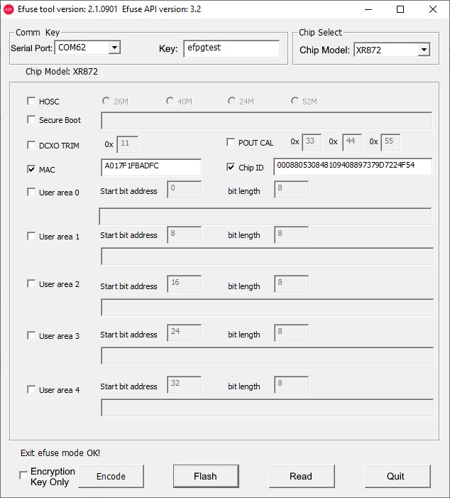 Screenshot of Efuse tool with chip model XR872 and MAC/Chip ID data enabled
