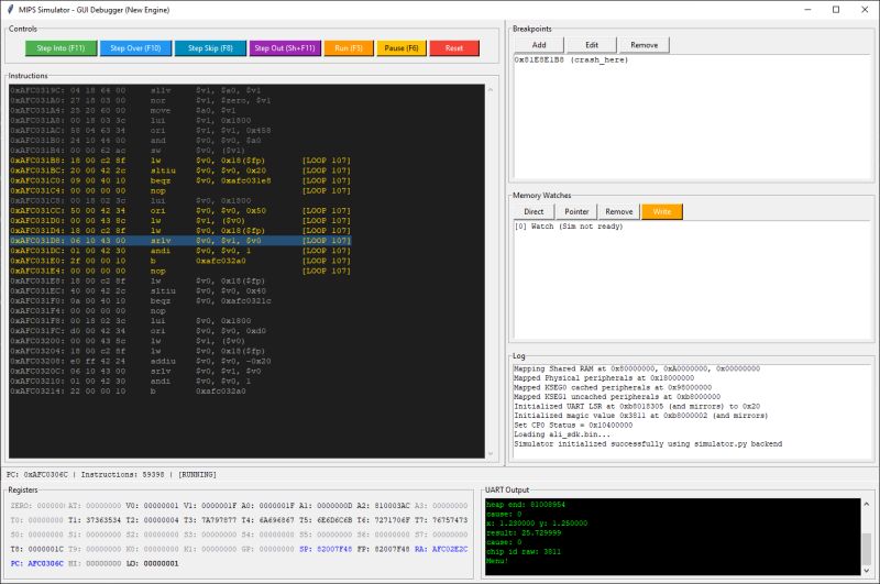 MIPS debugger window showing assembly, registers, and UART output