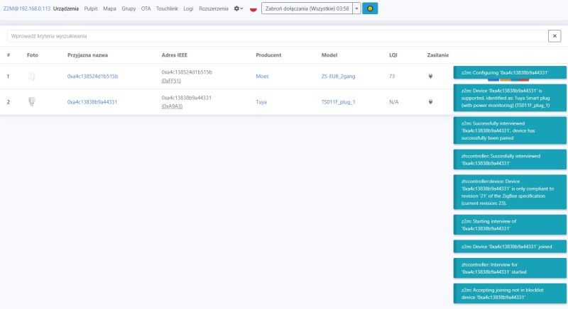 Zigbee2MQTT screenshot showing device list and pairing logs for Tuya TS011F_plug_1 smart plug