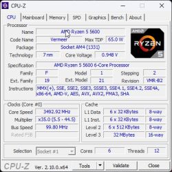 Zrzut ekranu okna programu CPU-Z pokazujący szczegóły procesora AMD Ryzen 5 5600 na platformie Vermeer.