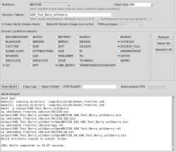 Screenshot of firmware build tool: BK7238 platform, driver checklist, and log showing “Build completed”