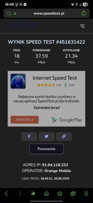Zrzut ekranu z wynikiem testu prędkości Orange Mobile: 37,59 Mb/s pobierania, 21,34 Mb/s wysyłania