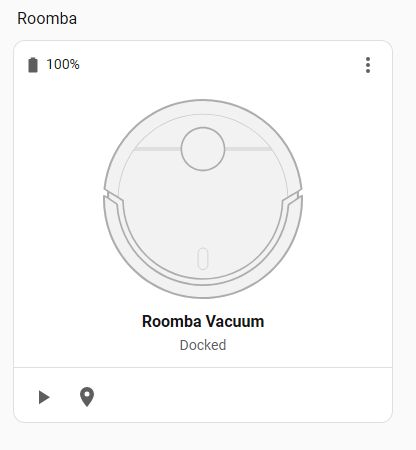 Home Assistant card “Roomba Vacuum” with robot vacuum icon, “Docked” status, and 100% battery