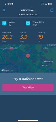 Wynik testu prędkości 5G: 26,3 Mb/s pobieranie, 3,9 Mb/s wysyłanie, 19 ms ping