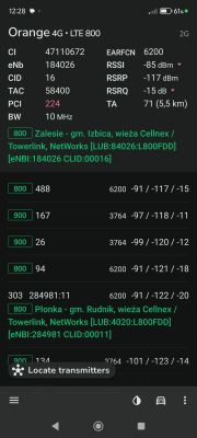 Zrzut ekranu z aplikacji pokazujący parametry sieci LTE 800 MHz operatora Orange oraz listę najbliższych stacji bazowych i siłę sygnału.