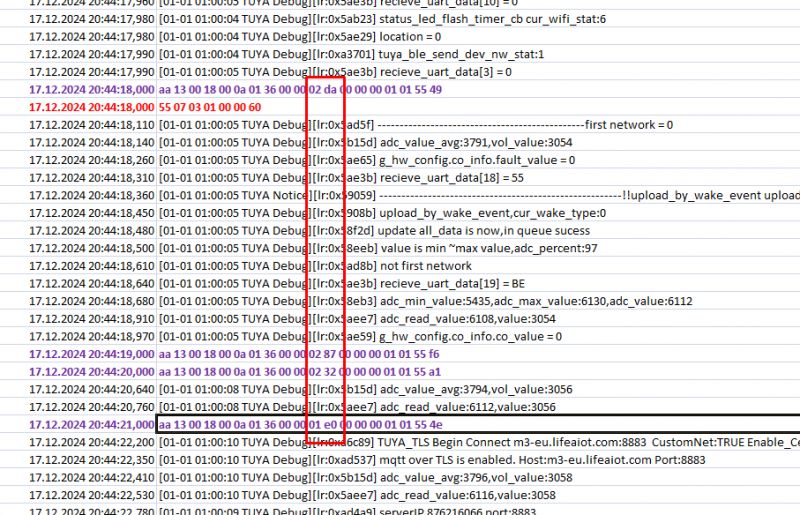 Tuya debug log with highlighted byte values.