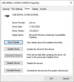 Screenshot of USB-SERIAL CH340 properties window.