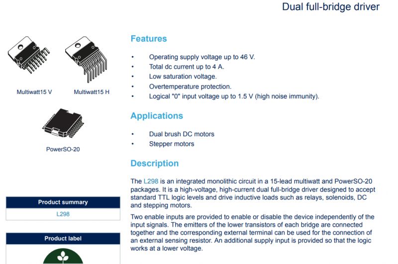 L298 Driver Technical Specification Technical specification page for the L298 chip with package drawings and list of features.