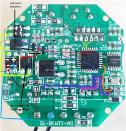 PCB with annotated traces and test points, including Tx/Rx, GND, Vcc, 3.3V and L/N.