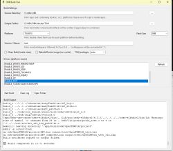 Screenshot of OBK Build Tool with build settings and a log showing “Build completed”.