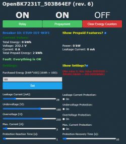 OpenBK web interface displaying energy information and settings.