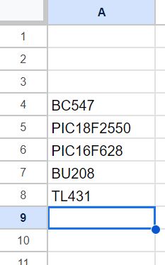 Fragment arkusza kalkulacyjnego z listą części elektronicznych
