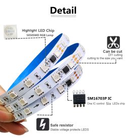 Close-up of an LED strip with SM16703P chip, capable of controlling six LEDs.
