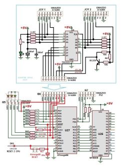 Schemat elektroniczny adaptera JOYx2 i interfejsu klawiatury PS2 z układami Atmega88 i MT8808.