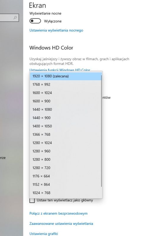 List of available screen resolutions in Windows settings, with 1920×1080 selected