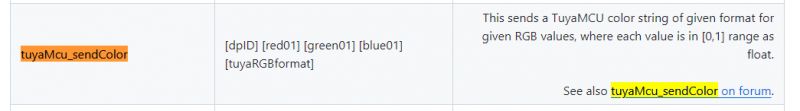 Snapshot of documentation displaying the tuyaMcu_sendColor command in a table format.