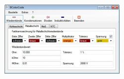 Program BColorCode z oknem pokazującym kody kolorów do identyfikacji rezystorów.