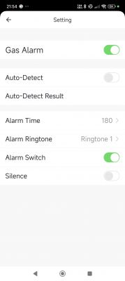 Screenshot of an app displaying gas alarm settings with various configuration options.
