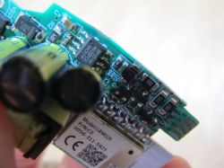 Circuit board with capacitors and integrated circuits.