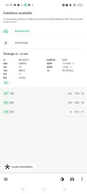 Zrzut ekranu z aplikacji diagnostycznej sieci komórkowej Orange, pokazujący szczegóły połączenia LTE 800 MHz.