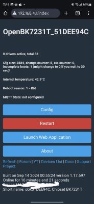 OpenBeken user interface with configuration and restart options for the device.