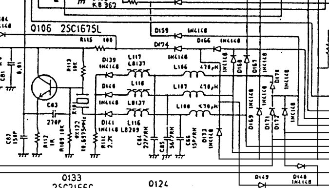 Fragment schematu elektronicznego z zaznaczonym tranzystorem 2SC1675L i diodami 1N4148, pokazujący układ generatora i przełącznik diodowy.