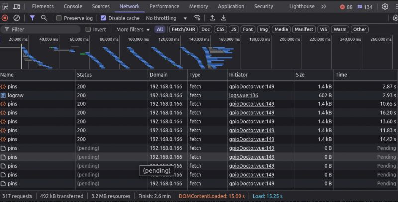 Screenshot of the Network tab in browser developer tools showing various HTTP requests to IP 192.168.0.166.