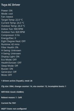 “Tuya AC Driver” screen listing air conditioner settings, readings, and system status
