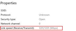 Zrzut ekranu ustawień sieciowych z prędkością połączenia 1201/1201 Mb/s.