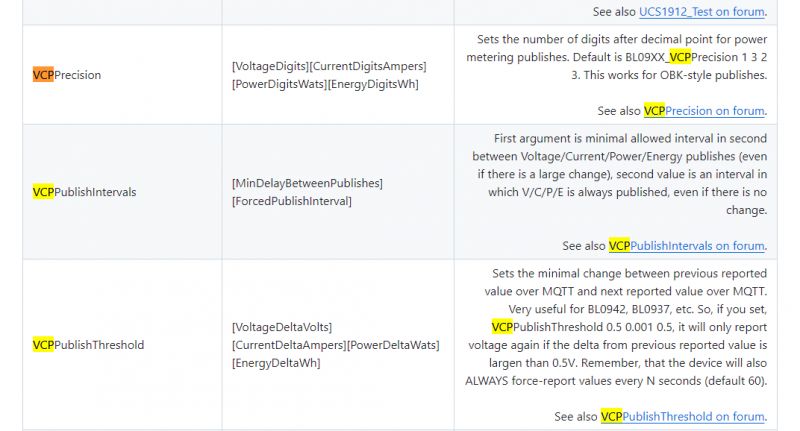 Table describing various settings and commands for the OpenBK7231T app related to power measurement.