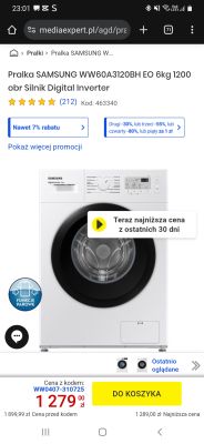 Pralka Samsung WW60A3120BH EO biała, załadunek od frontu, 6 kg, z pokrętłem i przyciskami