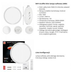 The image shows a 30W Graffiti Slim ceiling lamp with accessories.