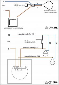 Schemat podłączenia oświetlenia LED z filtrem kondensatora.