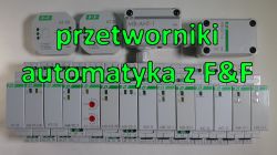 Różne rodzaje przetworników i modułów automatyki firmy F&amp;F ustawione na białym tle.