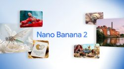 Grafika z napisem „Nano Banana 2” i kolażem obrazów: owad, kobieta w czerwieni, budynek i scena farmy