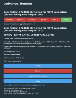 Ledvance_Remote control panel interface with buttons and battery, MQTT status information.