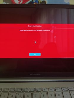 Ekran laptopa ASUS z komunikatem „Secure Boot Violation” i błędem „Invalid signature detected”