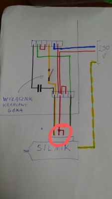 Schemat połączenia elektrycznego silnika z przewodami i wyłącznikiem krańcowym.