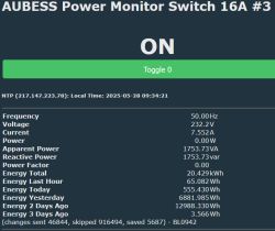 AUBESS Power Monitor Switch 16A Steuerpanel Dashboard eines AUBESS Power Monitor Switch 16A mit Stromparametern und Energieverbrauch.