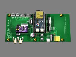 Render of an ESP32 Web Radio board with various modules and components on a green background.