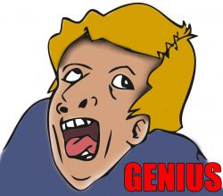 Ilustracja z przerysowaną twarzą z napisem GENIUS.