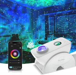 Galaxy Projector with Control App Galaxy projector displaying colorful lights and a mobile app for control.