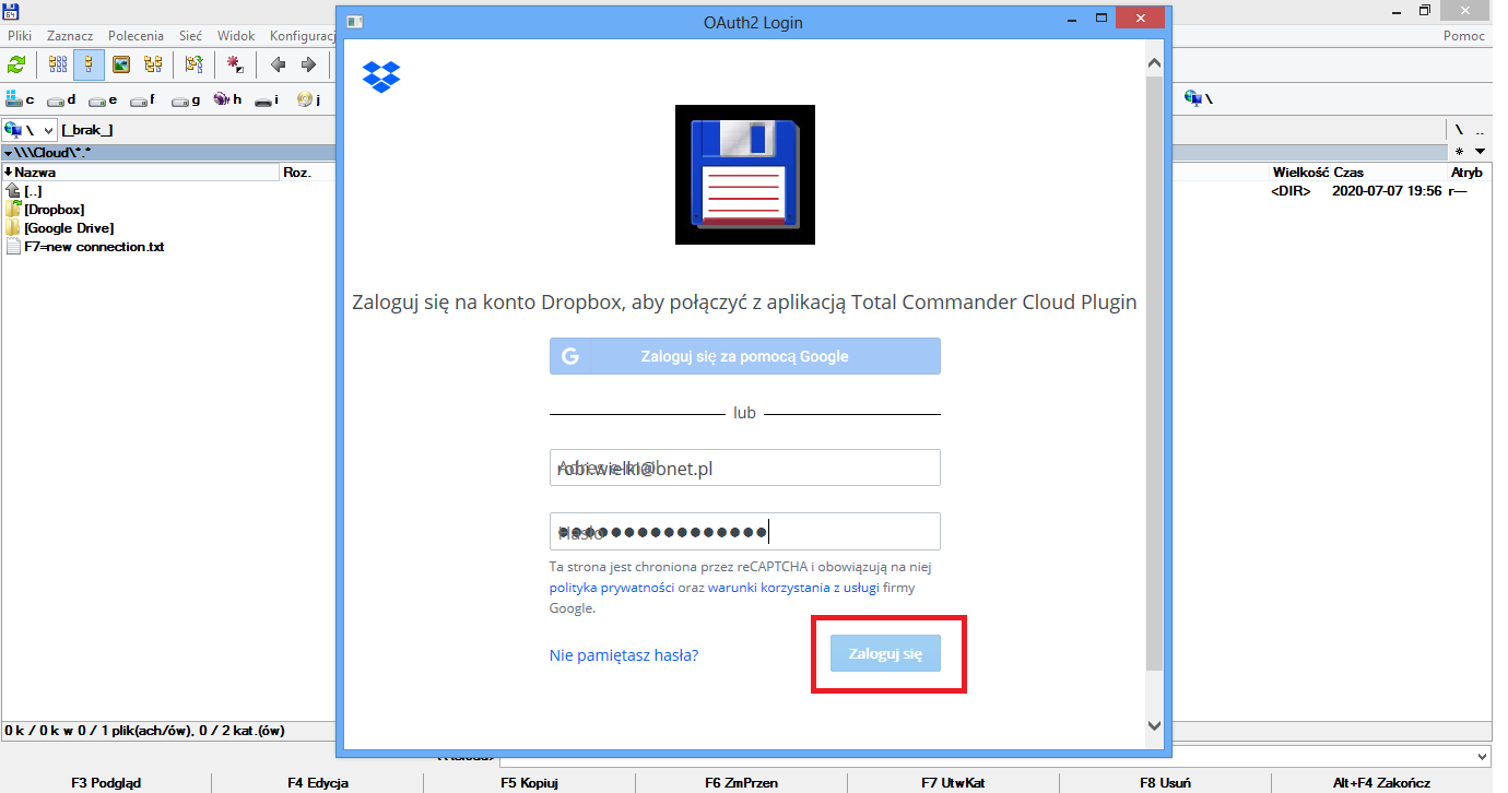 Czy plugin Cloud 2.2 do Total Commander nie loguje do Dropbox?