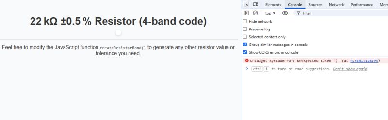 JavaScript syntax error in browser console during 22 kΩ resistor generation.
