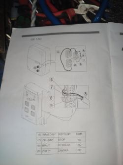 Schemat połączeń automatyki bramy przemysłowej ze szczegółowymi oznaczeniami przewodów.