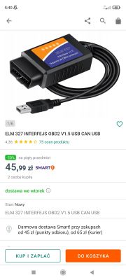 Interfejs ELM 327 OBD2 v1.5 na USB z kablem.