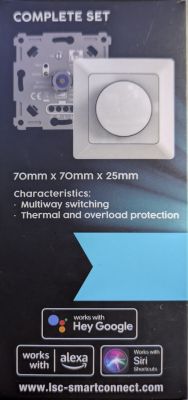 LSC Connect Dimmer Packaging Packaging of LSC Connect smart wall dimmer with feature descriptions.
