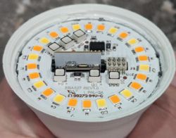 Interior of Feit Electric Bulb with WB2L Chip Interior of a Feit Electric bulb showing LED lights and a WB2L chip.